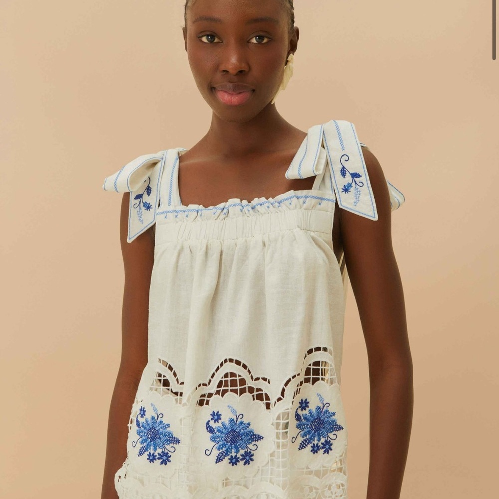 Farm Rio White Daisy Embroidery Lenzing™ Ecovero™ Euroflax™ Blouse